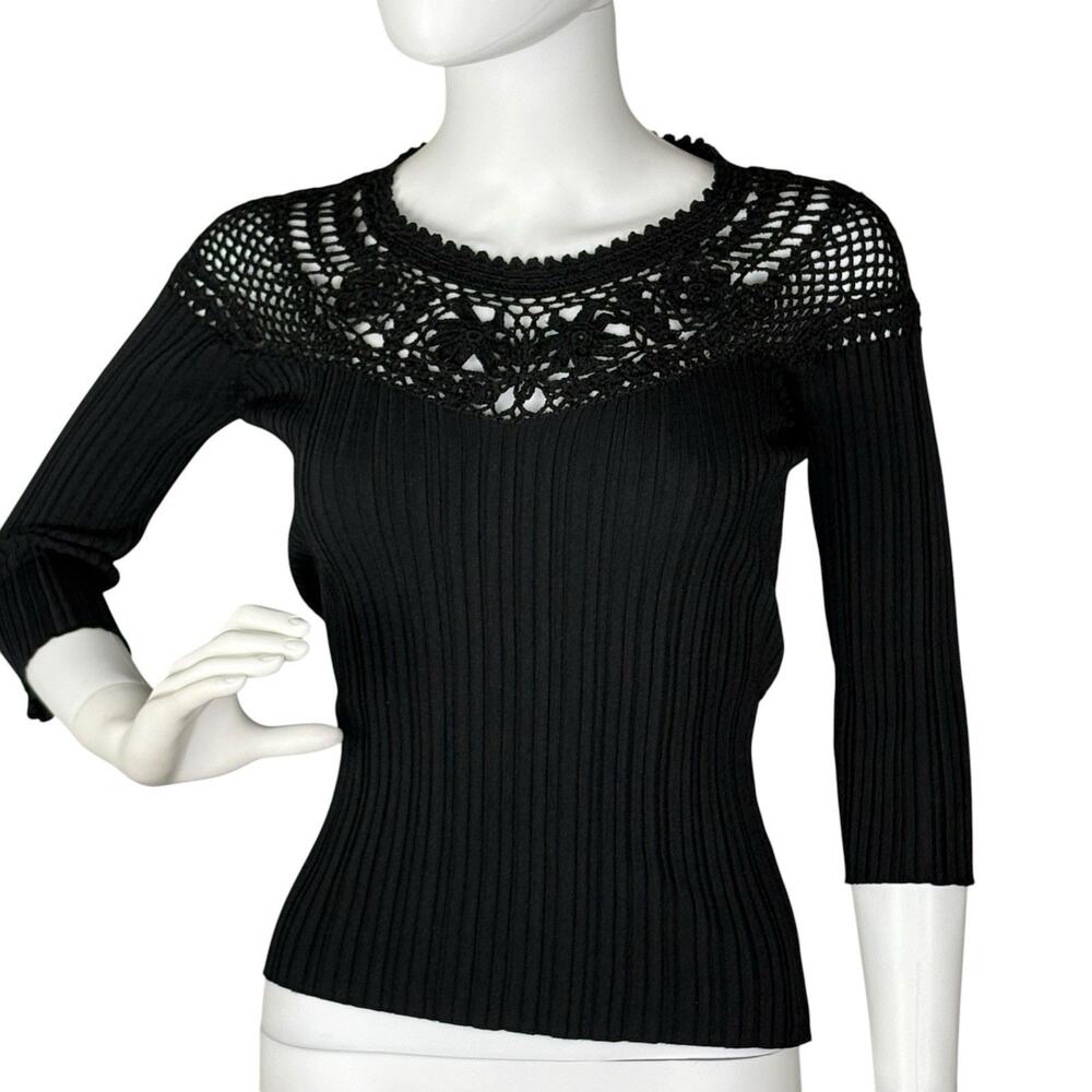 Vtg Y2K Dolce Cabo Fitted Top Crochet Neck Ribbed Knit Cottagegore Black Sz S